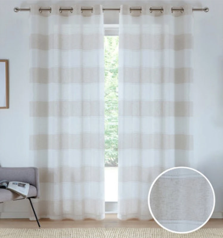 Image of Tyrone Textiles Pair Of Santorini Natural Linen Look Stripe Panels With Eyelet Header 229Cm