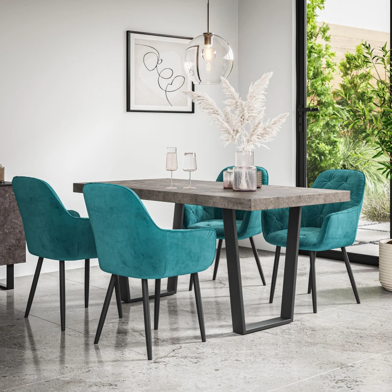 Image of More4Homes Aria Dining Table And Chairs - Concrete Effect Table Top W Black Legs + Anika Velvet Dining Chair Set Of 4 (Blue)