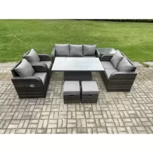 Image of Fimous 7 Seater Outdoor Dark Grey PE Rattan Lounge Complete Sofa Set with Side Table and 2 Stools