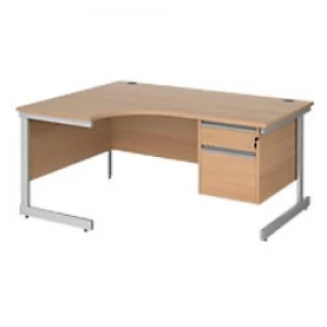 Image of Left Hand Ergonomic Desk with 2 Lockable Drawers Pedestal and Beech Coloured MFC Top with Silver Frame Cantilever Legs Contract 25 1600 x 1200 x 725 m