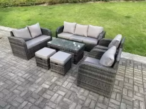Image of Fimous 7 Seater Outdoor Dark Grey PE Rattan Lounge Complete Sofa Set with Reclining Chair and 2 Big Footstools