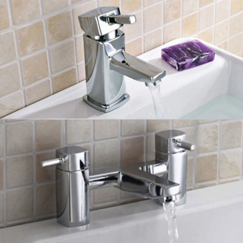 Image of Nes Home Newport Square Mini Basin Mixer & Bath Filler Taps Chrome Silver
