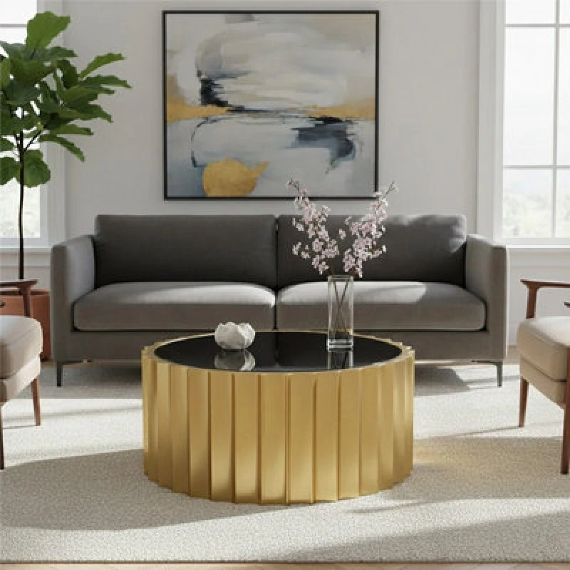Image of Premier Housewares Black Glass and Gold Titanium Round Coffee Table Modern, Statement Piece Modern Luxury Coffee Table Gold