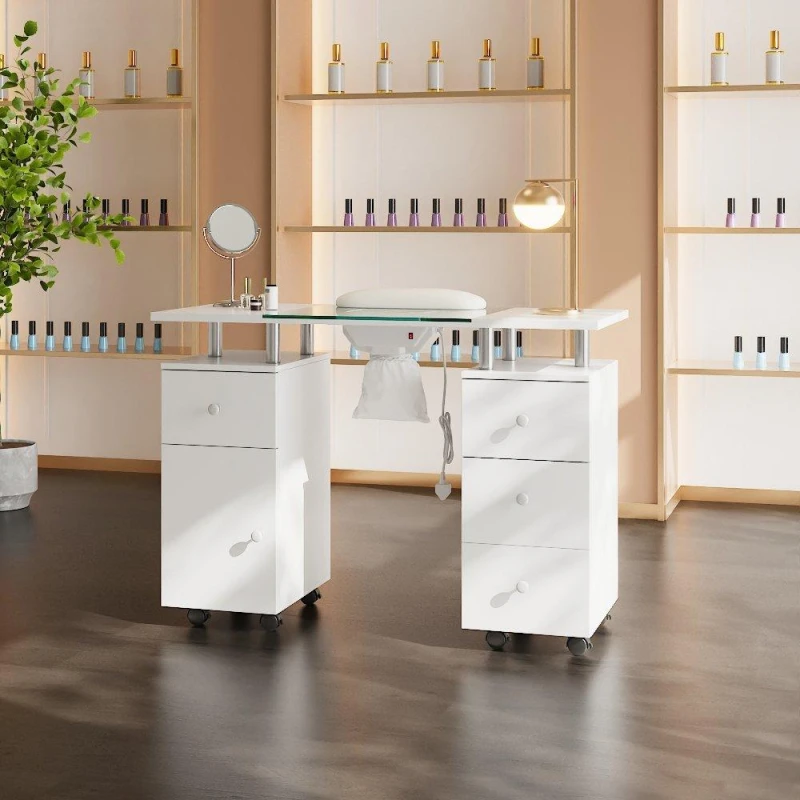 Image of SHEONLY Mobile Manicure Table with Dust Collector Drawers White unisex One size
