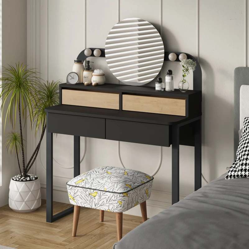 Image of Decortie Dressing Table With Mirror & LED Light 96X132Cm 2 Drawers Wall-mounted, Black, Oak, Multi 8683628015803