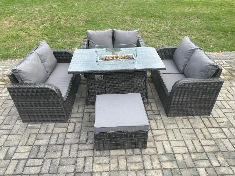 Image of Fimous Rattan Outdoor Garden Furniture Sofa Set Gas Fire Pit Dining Table Gas Heater with Love Sofa Big Footstool Dark Grey Mixed Dark Grey