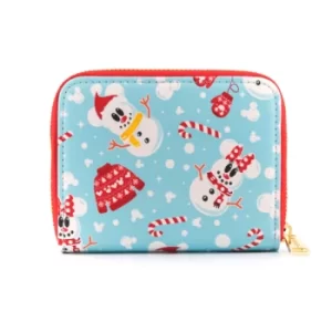 Image of Loungefly Disney Seasonal Snowman Minnie Mickey Aop Zip Around Wallet