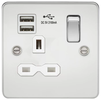 Image of KnightsBridge Flat plate 13A 1G switched socket with dual USB charger (2.1A) - polished chrome with white insert
