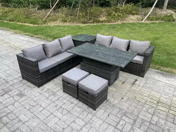 Image of Fimous 6 Seater Outdoor Dark Grey Wicker Rattan Lounge Complete Sofa Set with Rising Table and 2 Stools