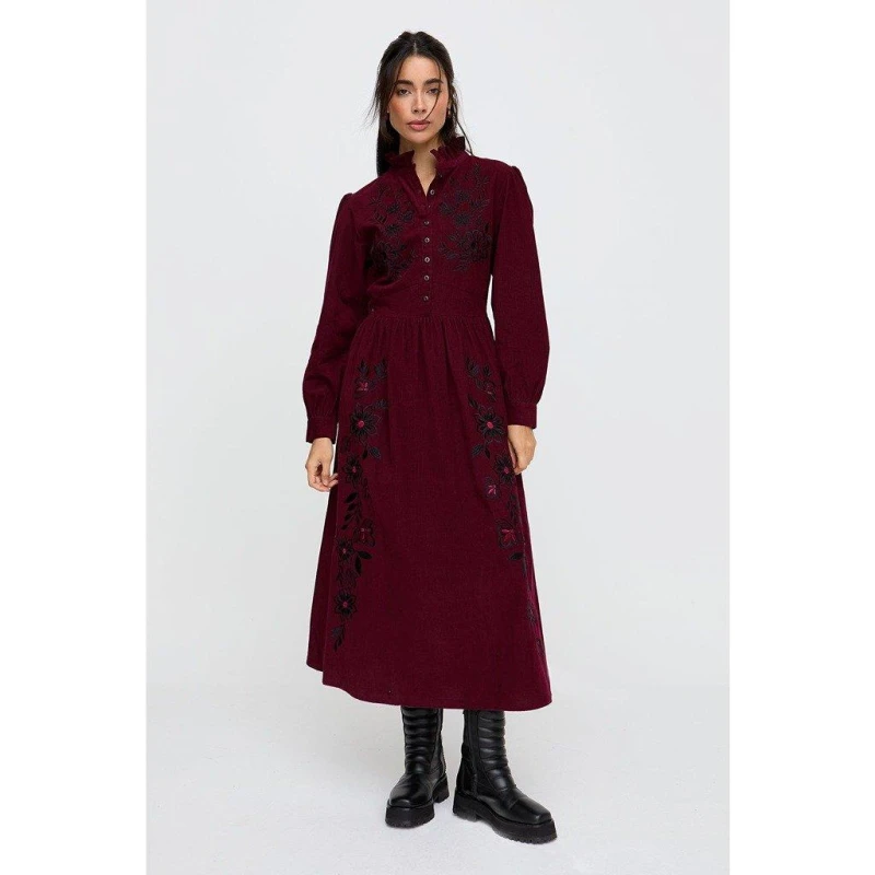 Image of Raffya Raffya Puglia Corduroy Midi Dress In Burgundy Burgundy female 10 (S)