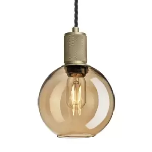 Image of Industville Knurled Tinted Glass Globe Pendant Light in Amber with Brass Holder / Small