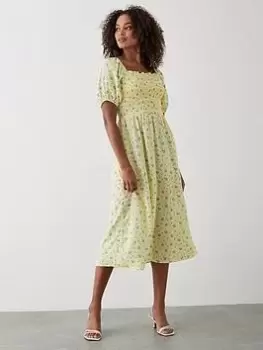 Image of Dorothy Perkins Ditsy Floral Shirred Midi Dress - Yellow, Yellow, Size 16, Women