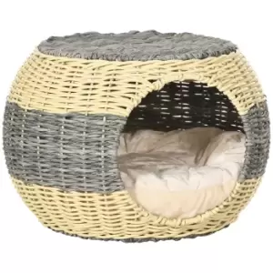 Image of PawHut Wicker Cat House, Rattan Raised Cat Bed, Cosy Kitten Cave with Soft Washable Cushion, Φ40 x 30cm