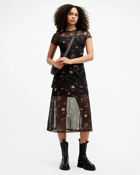 Image of AllSaints Hanna Short Sleeve Mesh Kora Midi Dress