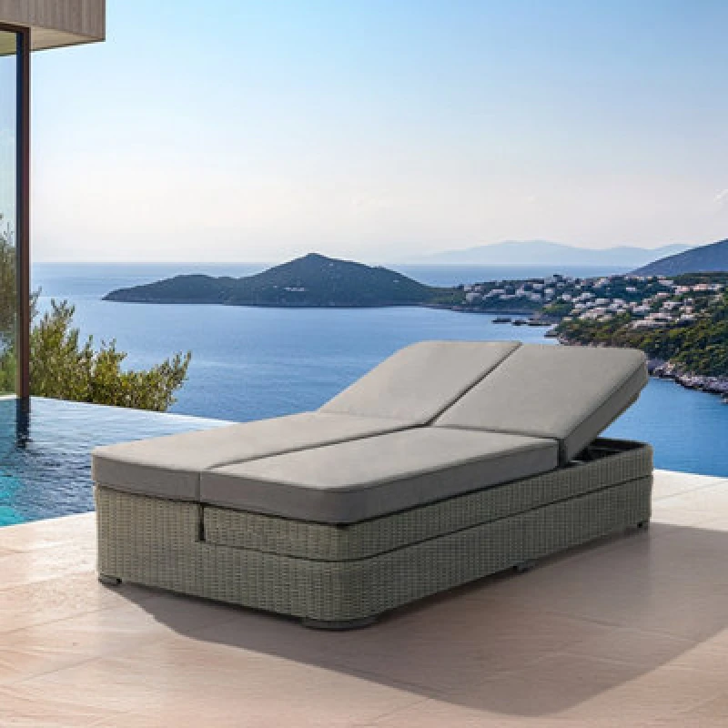 Image of Sunjoy 2-Person Patio Lounge Chair, Outdoor Resin Wicker Daybed Chaise With 5-Position Adjustable Backrest Cushion