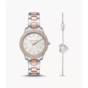 Image of Michael Kors Womens Liliane Three-Hand Two-Tone Stainless Steel Watch And Bracelet Set - Rose Gold / Silver