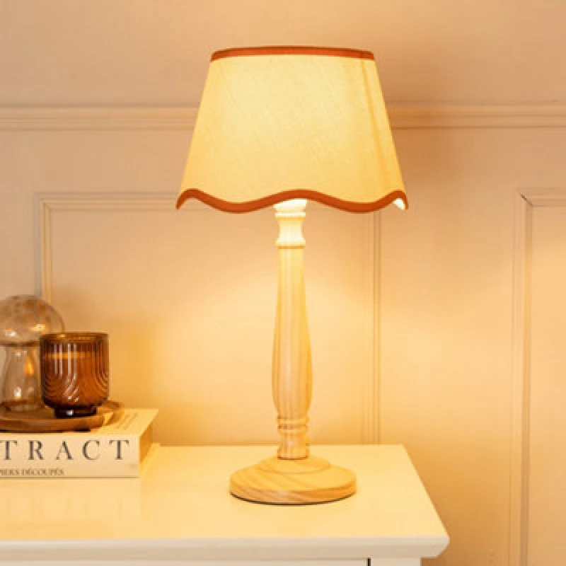 Image of ValueLights Victoria Light Wood Candlestick Table Lamp with Linen Scallop Trim Tapered Shade Burnt Orange