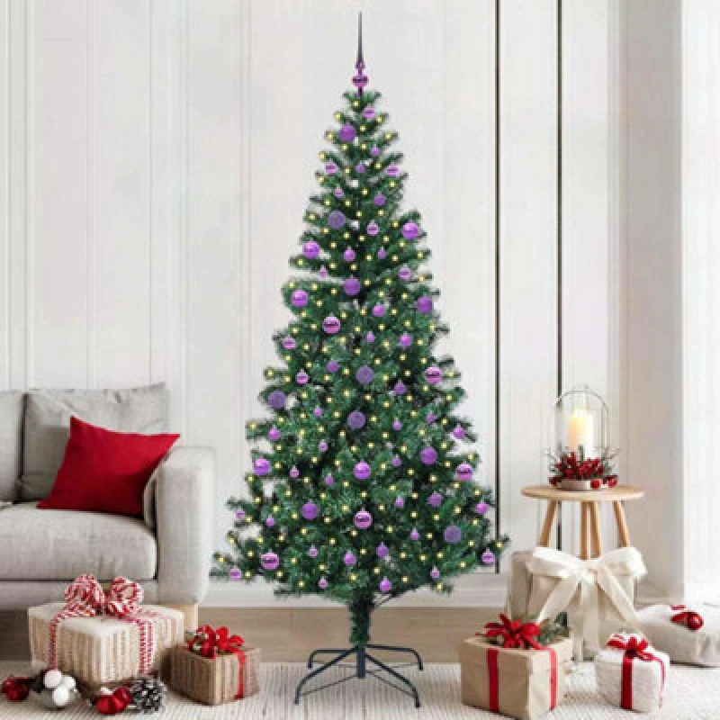 Image of vidaXL Artificial Pre-lit Christmas Tree with Lilac Balls Green 210cm PVC and Metal, Green 3396781