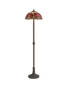 Image of 2 Light Leaf Design Floor Lamp E27 With 40cm Tiffany Shade, Purple, Pink, Crystal, Aged Antique Brass