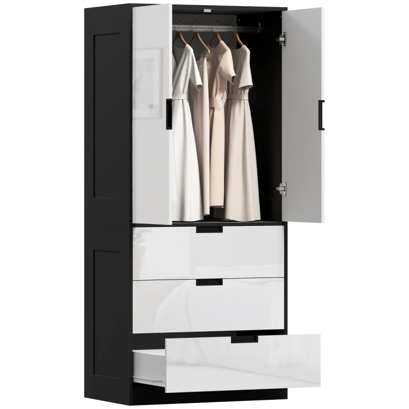 Image of HOMCOM HOMCOM Modern Wardrobe White Wardrobe with 3 Drawer and Hanging Rod White One Size Unisex 5063603040205