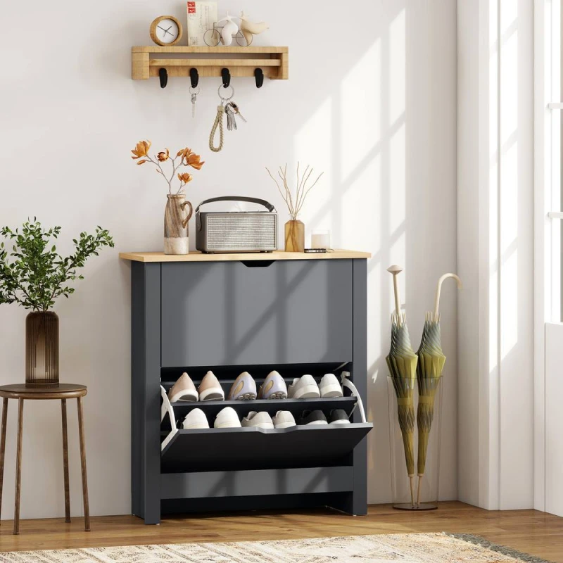 Image of HOMCOM Shoe Storage Cabinet with Flip Drawers Shelves Tabletop in Dark Grey Dark Grey Unisex