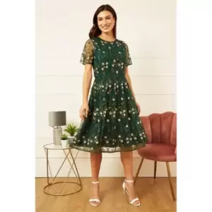 Image of Yumi Green Embroidered Floral Skater Dress - Green