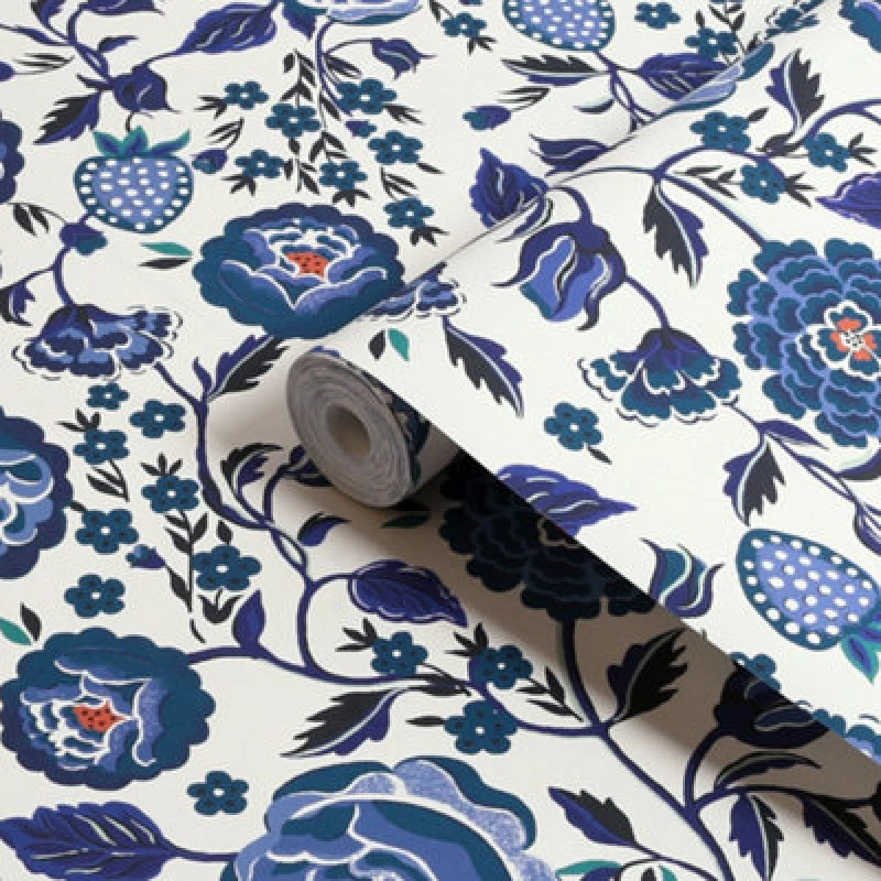 Image of Cath Kidston Strawberry Garden Blue Floral Wallpaper Wallpaper One Size Blue 71739718000