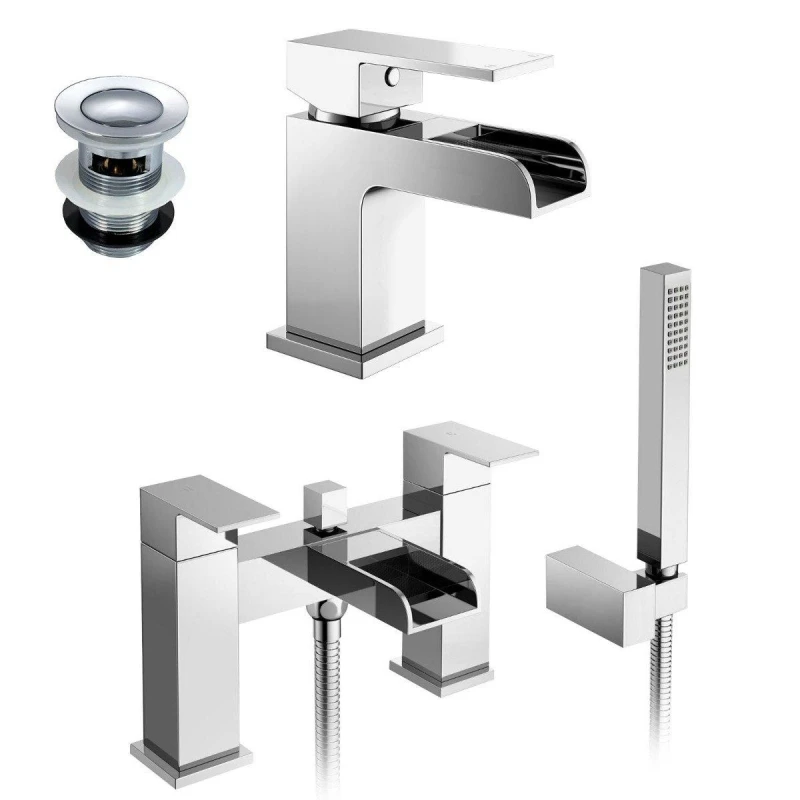Image of NES HOME Nes Home - Origin Bathroom Basin Mono Mixer Tap, Bath Shower Mixer Tap & Waste Chrome 2304+2301+WST
