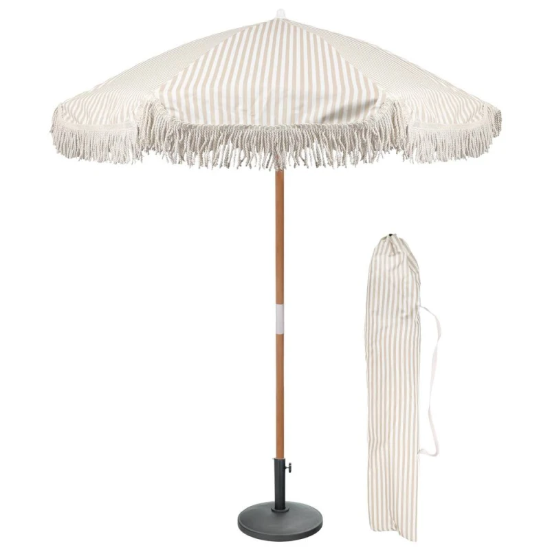 Image of Harbour Housewares 1.4M Tassel Fringed Wooden Garden Parasol & Base Set with Carry Bag in Beige Beige Unisex
