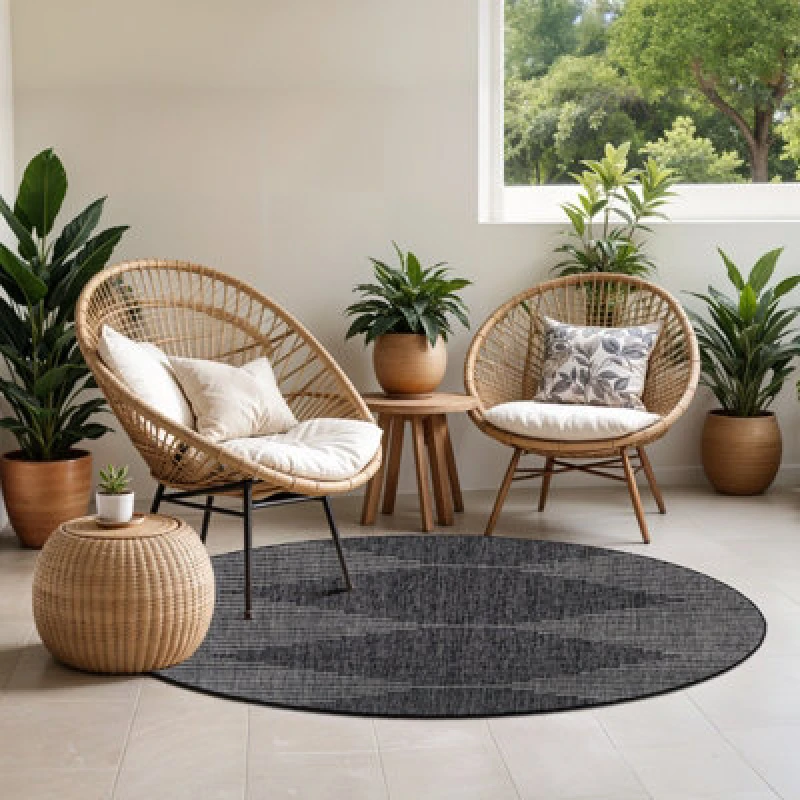 Image of Livabliss Round In- & Outdoor Global Charcoal Dolly Area Rug 160 X 160 Cm - Easy To Clean, Perfect For Balcony, Kitchen Or Dining Room