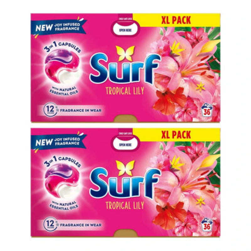 Image of Surf 3 In 1 Laundry Washing Detergent Capsules Tropical Lily, 72 Washes, 2Pk