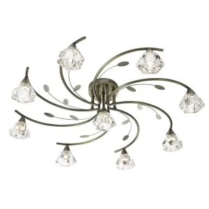 Image of 9 Light Semi Flush Multi Arm Ceiling Light Antique Brass and Glass, G9