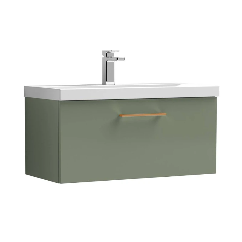 Image of Balterley 800mm Wall Hung 1 Drawer Vanity Basin Unit, Satin Green, Copper Handle in Green Green Unisex
