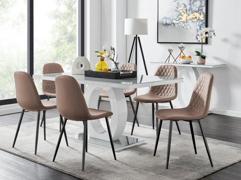 Image of FurnitureboxUK Giovani 6-Seater Grey Glass Dining Table & 6 Corona Faux Leather Dining Chairs in Beige Beige Unisex