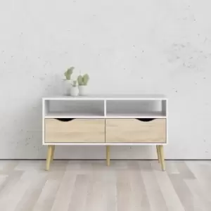 Image of Oslo 2 Drawer Retro-Modern tv Cabinet - Matt White/ Light Oak - White