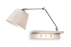 Image of 1 Light Indoor Wall Light Light, Shelf & USB Port Chrome, Cream Shade and White Shelf, E27