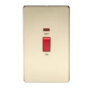 Image of KnightsBridge 45A 2G DP 230V Screwless Polished Brass Electric Switch With Neon