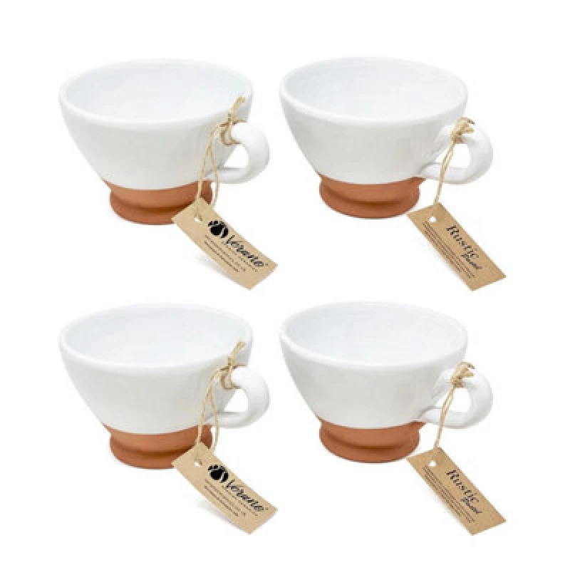 Image of Verano Spanish Ceramics Rustic Pastel Half Dipped Terracotta Kitchen Set Of 4 Breakfast Cups White 14Cm