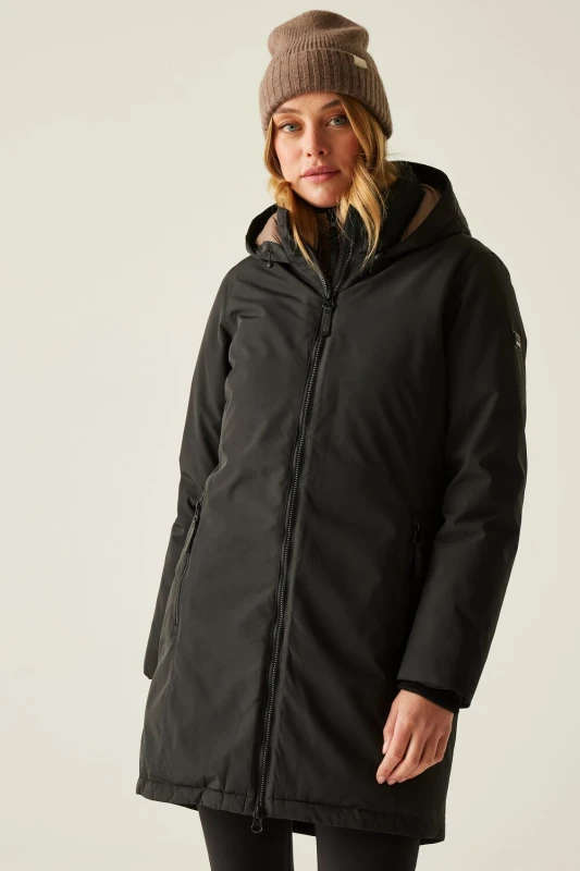 Image of Regatta Womens Marron Longline Hooded Breathable Waterproof Insulated Jacket in Black Size: 20 Black Female 20
