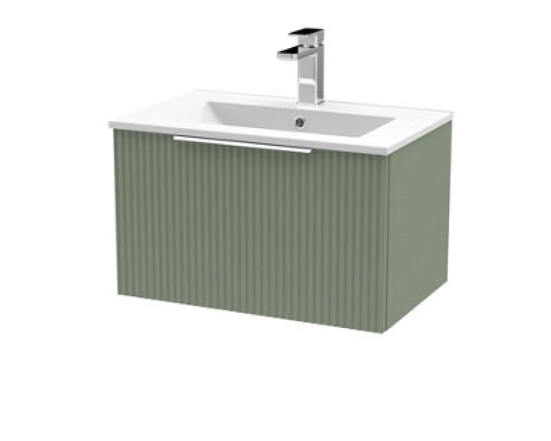Image of Hudson Reed Fluted Wall Hung 1-Drawer Vanity And Minimalist Basin, Contemporary Sink Vanity Unit, Satin Green