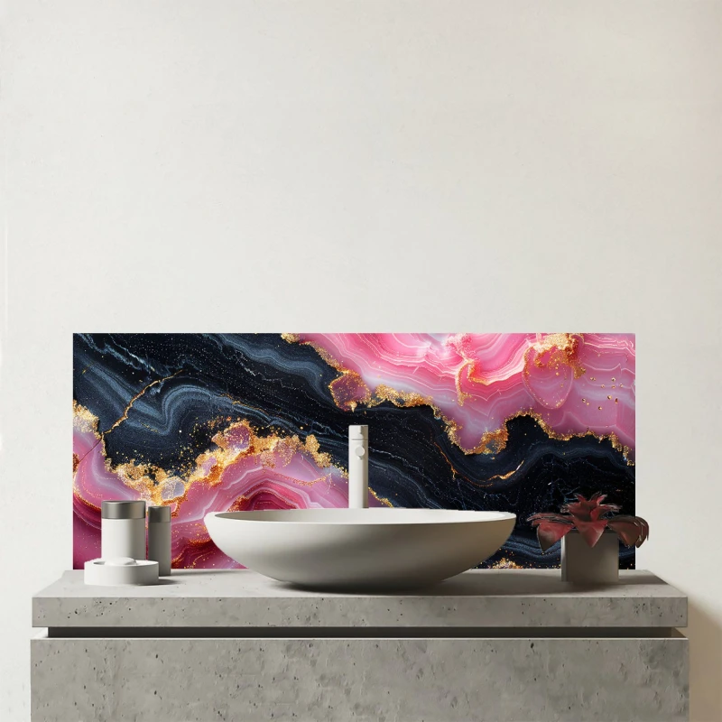 Image of Warren Reed - Designer Pink & Black Marble Effect Glass Bathroom Splashback Pink Unisex