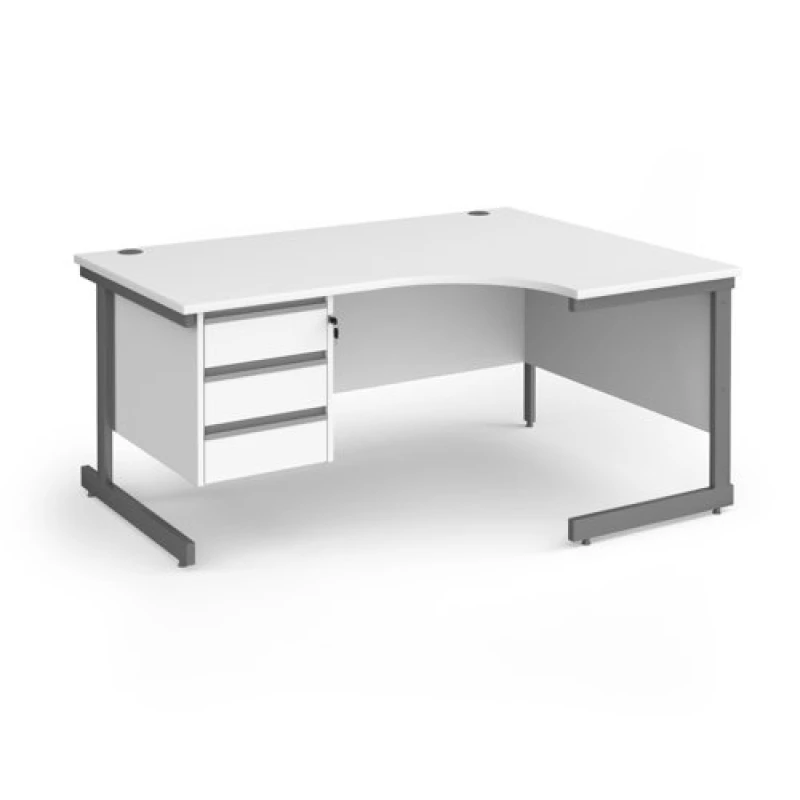 Image of Contract 25 Right Hand Graphite Frame Ergonomic Office Desk with 3 Drawer Pedestal - 1600mm - White