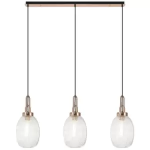 Image of Luminosa Acree Linear 3 Light Ceiling Pendant E27 With 20cm Almond Ribbed Glass, Clear Copper, Matt Black