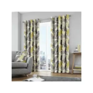 Image of Fusion Tropical Leaf 100% Cotton Eyelet Lined Curtains, Ochre, 66 x 72 Inch