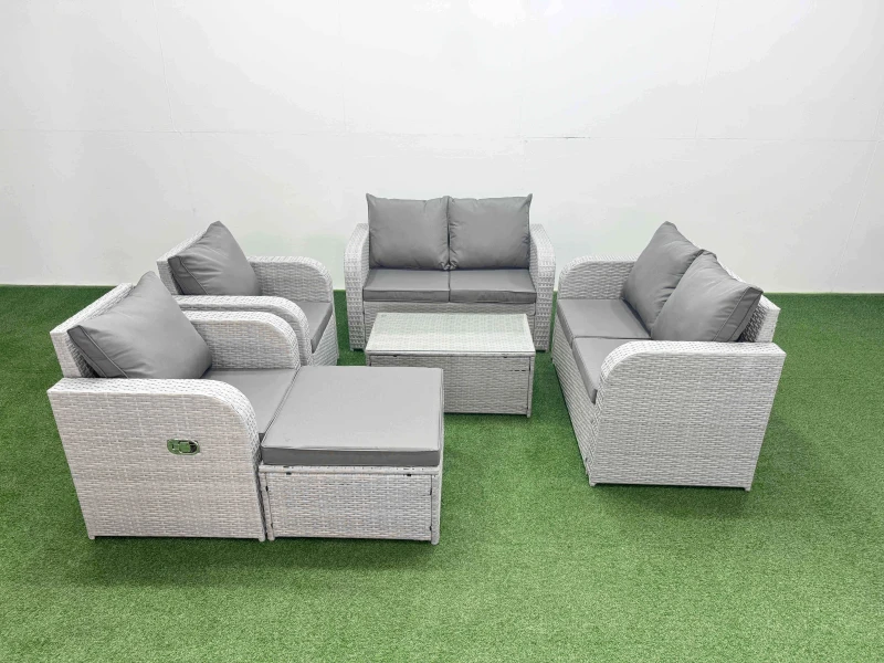 Image of Fimous 7 Seater Outdoor Reclining Chair Love Sofa Set Rattan Garden Furniture Set with Rectangular Coffee Table Footstool Light Grey Light Grey