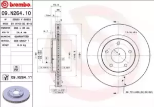 Image of BREMBO Brake disc PEUGEOT,CITROEN,MITSUBISHI 09.N264.11 1610623080,4615A159,4615A178 Brake rotor,Brake discs,Brake rotors 1610623080