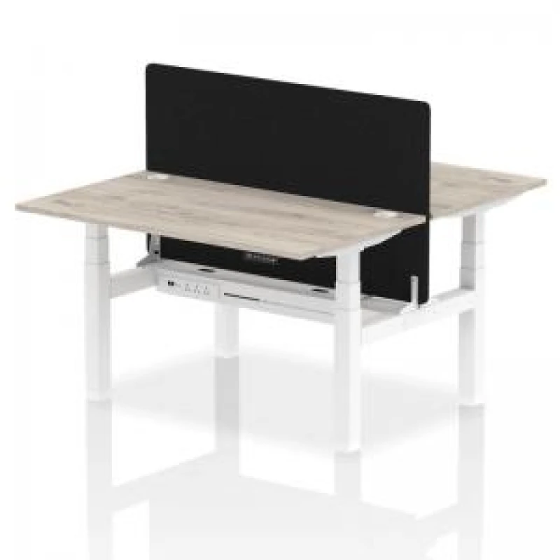 Image of Air Back - to - Back 1400 x 800mm Height Adjustable 2 Person Bench Office Desk Grey Oak Top - Cable Ports White Frame - Black Straight Screen