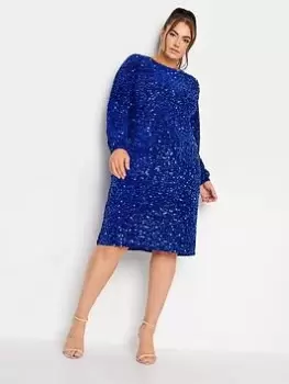 Image of Yours Sequin Velvet Bellow Sleeve Shift Dress, Blue, Size 24, Women