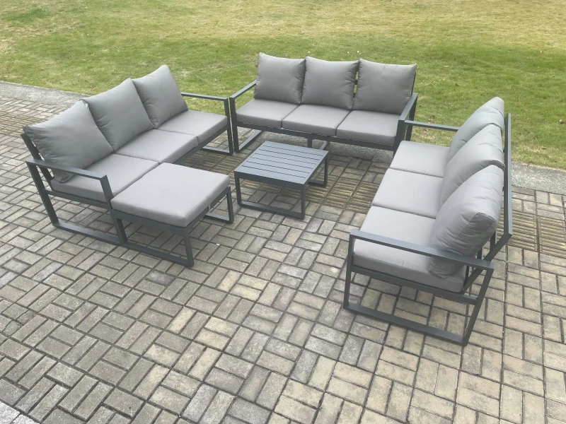 Image of Fimous Aluminium 10 Seater Outdoor Garden Furniture Set Patio Lounge Sofa with Square Coffee Table Big Footstool Conservatory Set Dark Grey Dark Grey