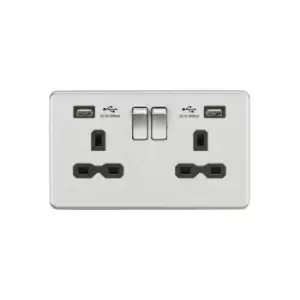 Image of Knightsbridge 13A 2G Switched Socket with Dual USB Charger (2.4A) - Brushed Chrome with Black Insert